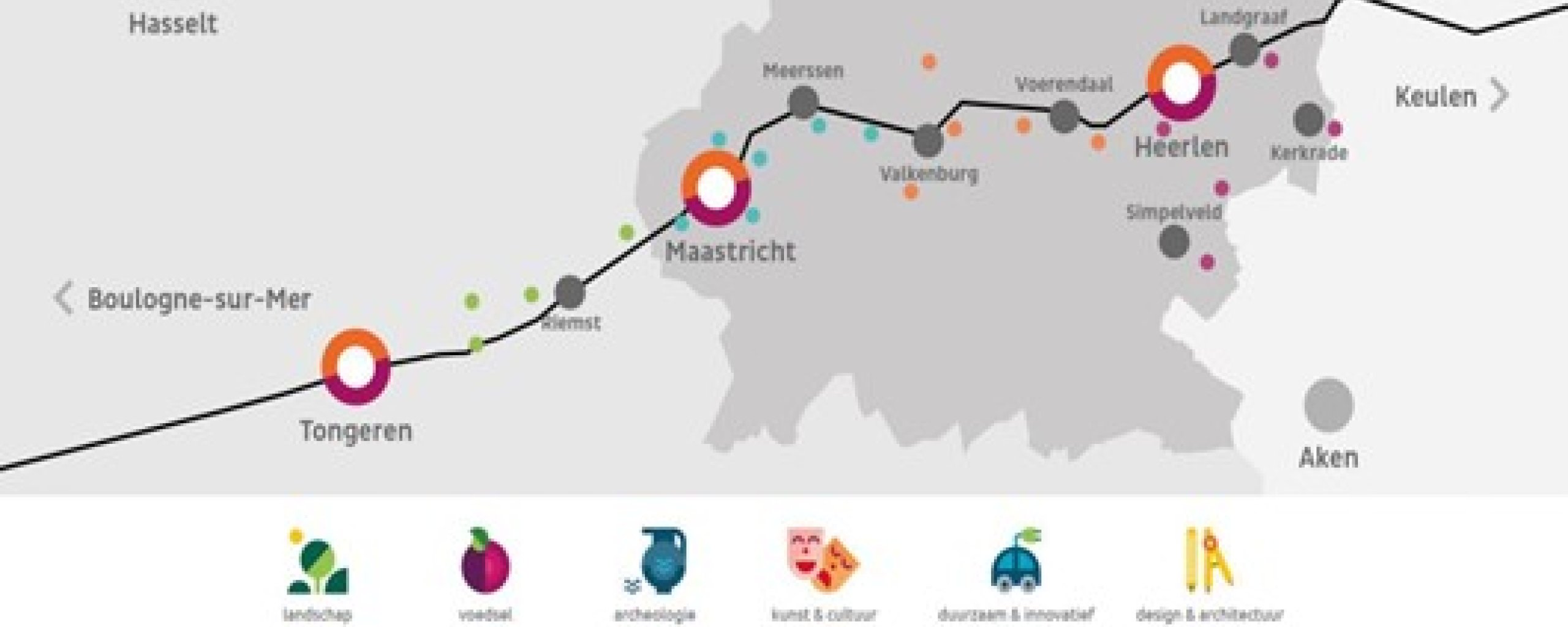 via belgica als lijn in landschap met plaatselijke hotspots