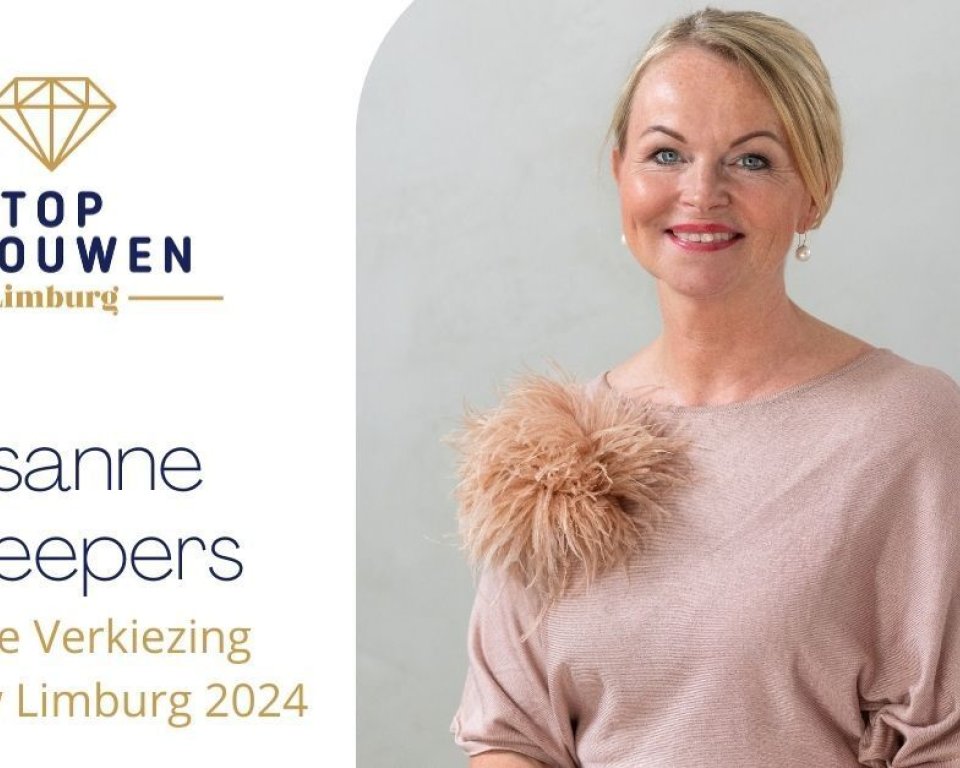 Afbeelding met tekst Stichting Topvrouwen Limburg Finaliste Verkiezing Topvrouw Limburg 2024 burgemeester Susanne Scheepers