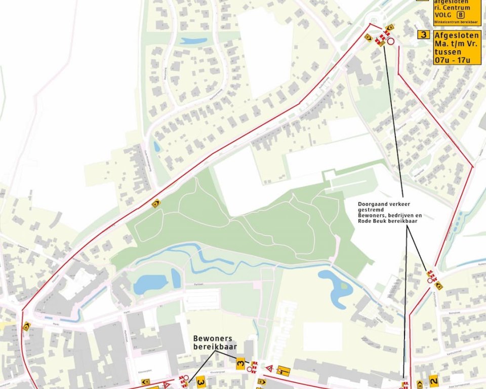 Plattegrond met straten waarin staat afgegeven welke straten zijn afgesloten