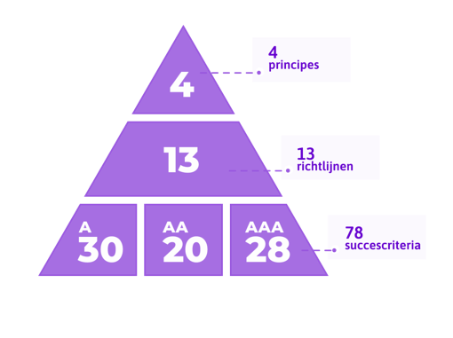 4 principes. 13 richtlijnen. 30 succescriteria op niveau a. 20 succescriteria op niveau aa. 29 succescriteria op niveau aaa.