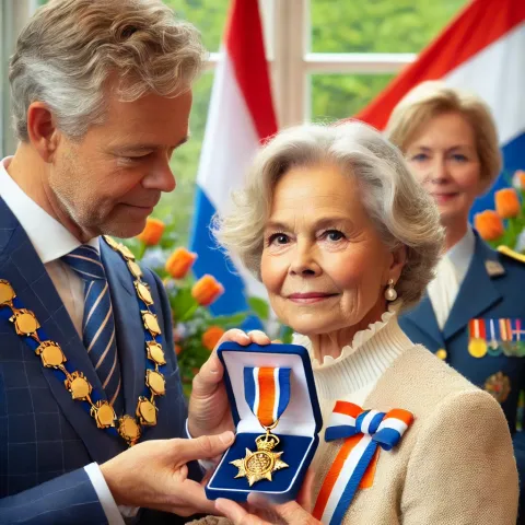 Vrouw met trots lintje in ontvangst