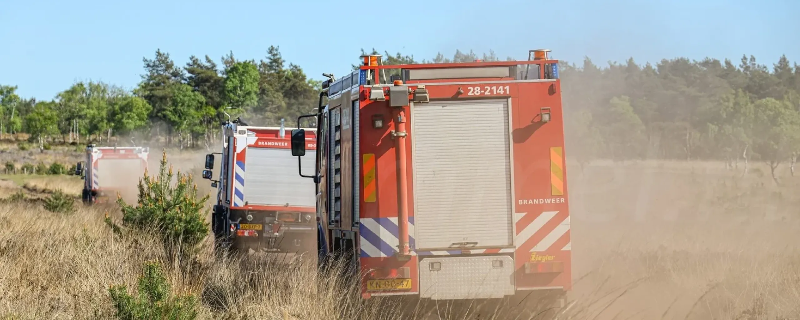Drie brandweerauto's rijden achter elkaar in natuurgebied. Door de droogte stuift het zand op.