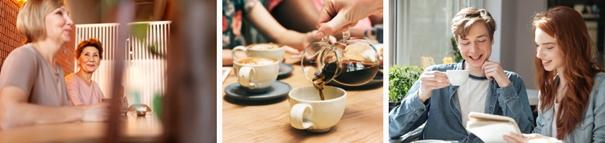 Collage foto's van pratende mensen met een kop koffie of thee