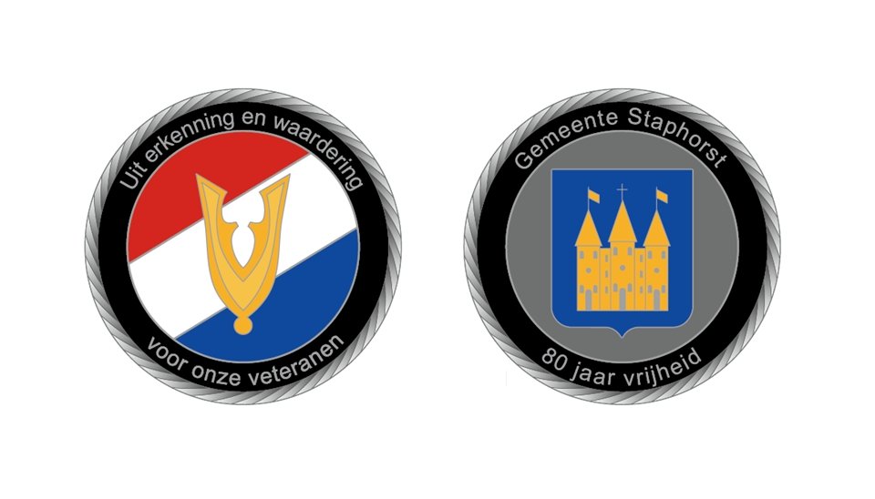 De veteranenmunt met aan de ene kant logo veteranen en tekst "Uit erkenning en waardering voor onze veteranen" en aan de andere kant wapen gemeente Staphorst en tekst "80 jaar vrijheid"