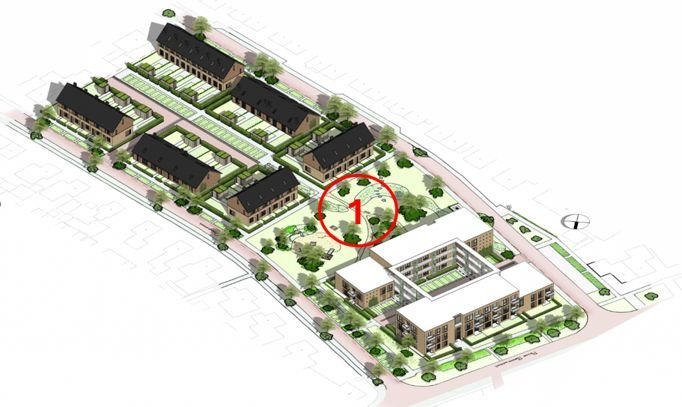 Afbeelding met bebouwing tussen de Julianastraat en Oranjestraat met in het midden aangegeven waar de speelplek moet komen.
