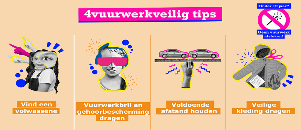 4vuurwerkveilig tips: vind een volwassene, vuurwerkbril en gehoorbescherming dragen, voldoende afstand houden, veilige kleding dragen.