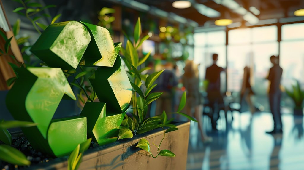 Hal van bedrijf met in plantenbak een groot groen recyclingteken