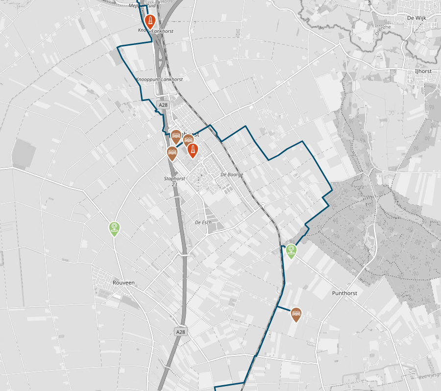 Plattegrondkaart met de route en icoontjes op locaties van de verhalen of monumenten
