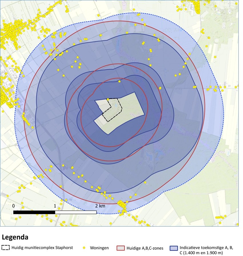 Explosieaandachtsgebied A (cirkel 400 meter), B (cirkel 700 meter) en C (klein: cirkel 1.400 meter, groot: cirkel 1.900 meter