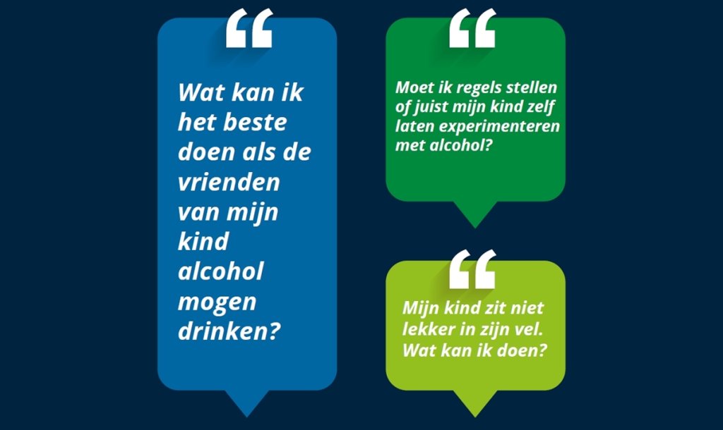 Vlak met 3 quotes: "Wat kan ik het beste doen als de vrienden van mijn kind alcohol mogen drinken?" "Moet ik regels stellen of juist mijn kind zelf laten experimenteren met alcohol?" "Mijn kind zit niet lekker in zijn vel. Wat kan ik doen?"