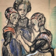 Schilderij Stien Eelsingh: moeder kleedt 2 kinderen in klederdracht