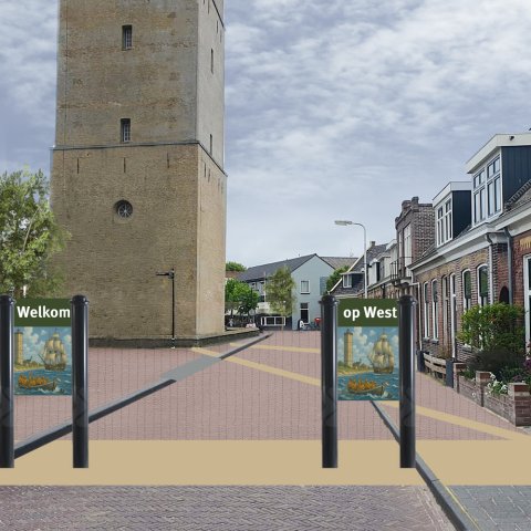 3D impressie van Brandarisplein met twee welkomsborden.