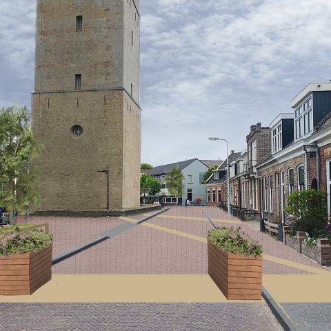 Een 3D impressie van het Brandarisplein, met aan de rechterkant rijtjeshuizen en aan de linkerkant de Brandaris.