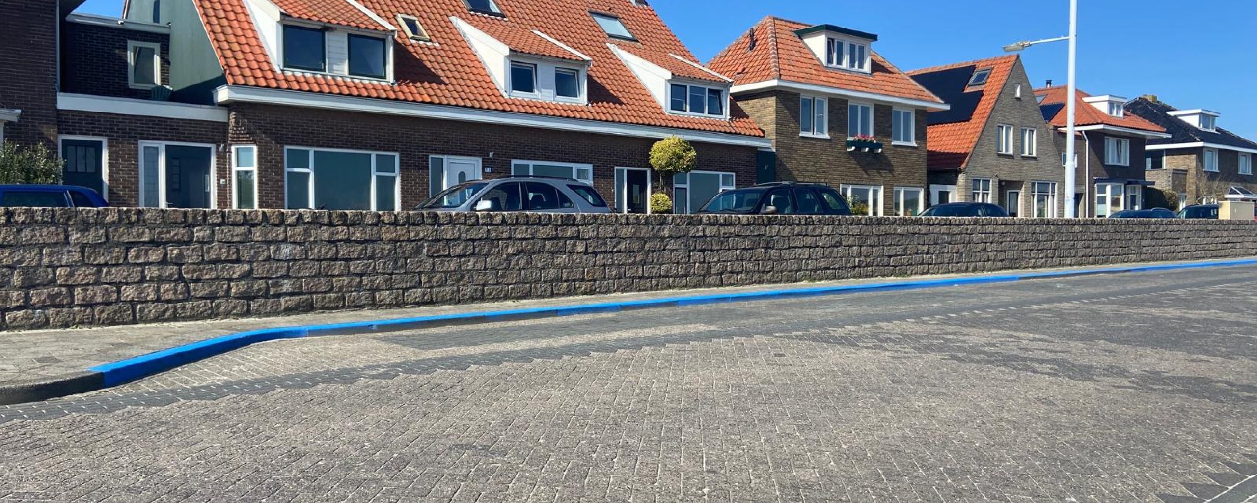 De Willem Barentszkade met de getrokken blauwe streep in de parkeerhaven. Op de achtergrond zie je huizen en een blauwe lucht.