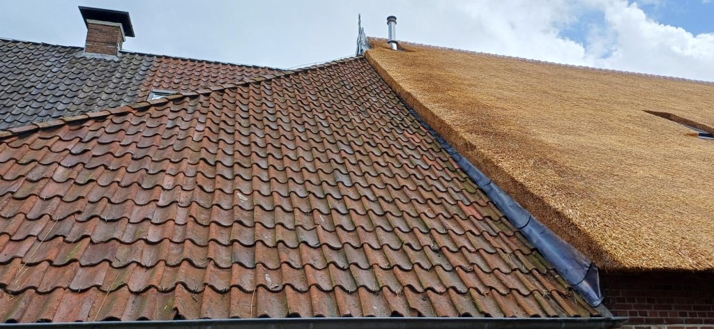 Dak van een boerderij met pannen en riet