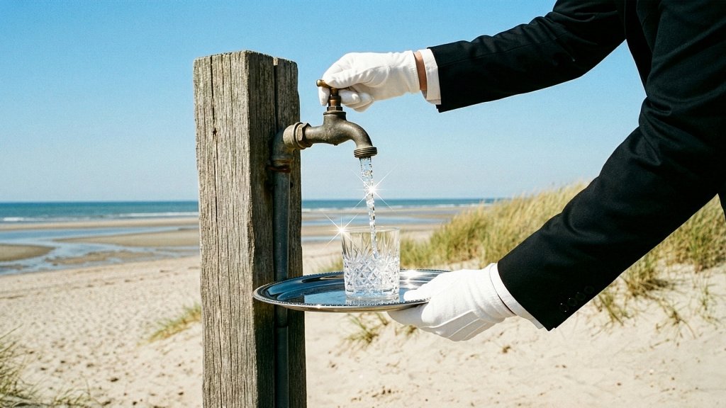 Glas dat wordt gevuld met drinkwater uit een kraan op het strand van Terschelling, als symbool voor zorgvuldig omgaan met drinkwater.