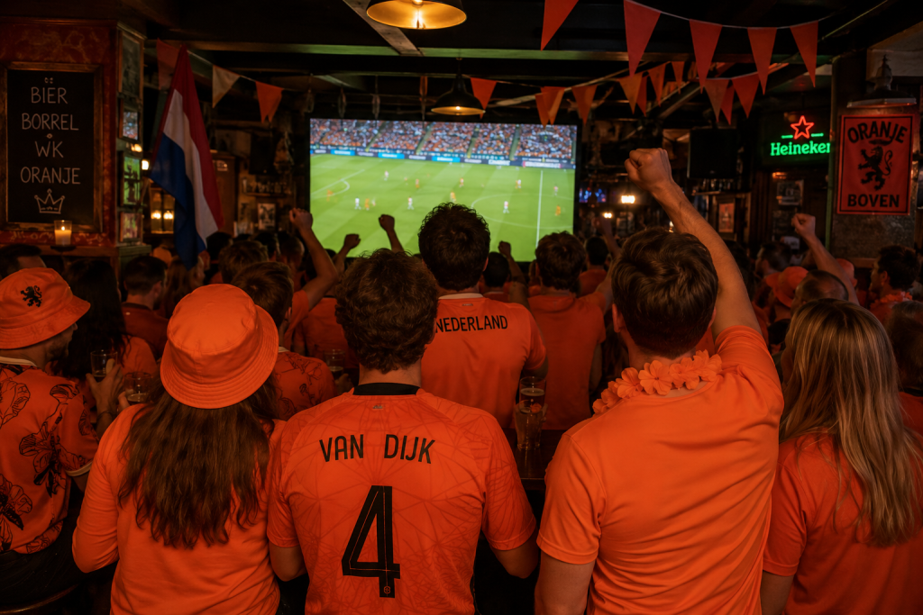 Oranjesupporters kijken voetbalwedstrijd op een scherm in een kroeg