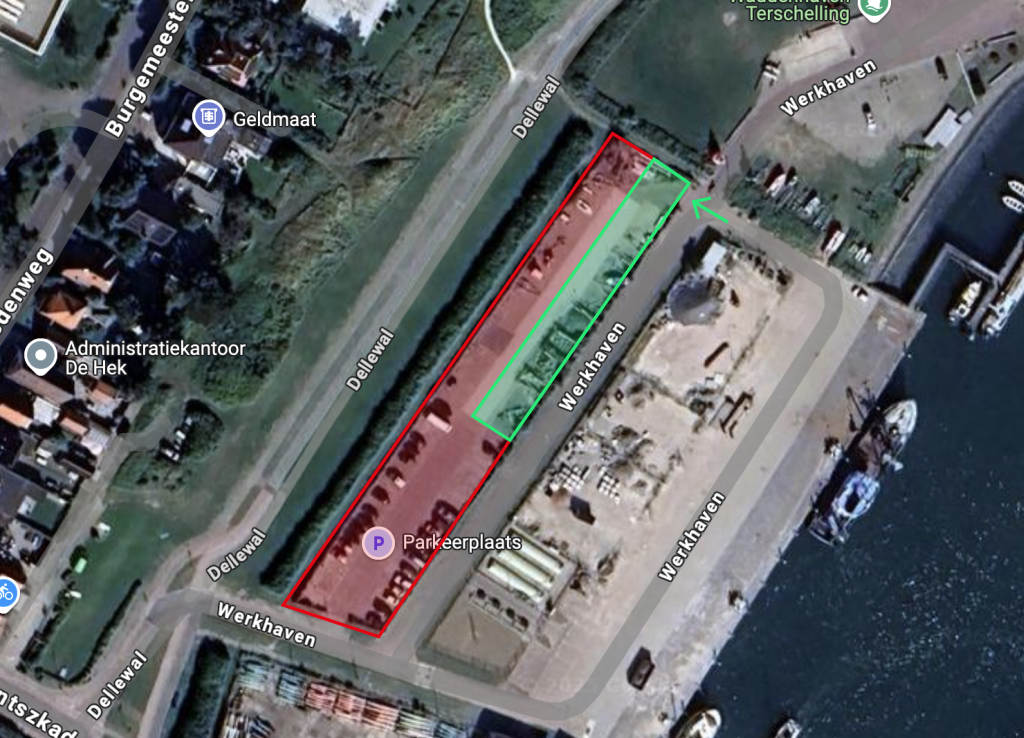 Kaartje van de Werkhaven van boven, met daarop aangegeven waar je wel en niet mag parkeren
