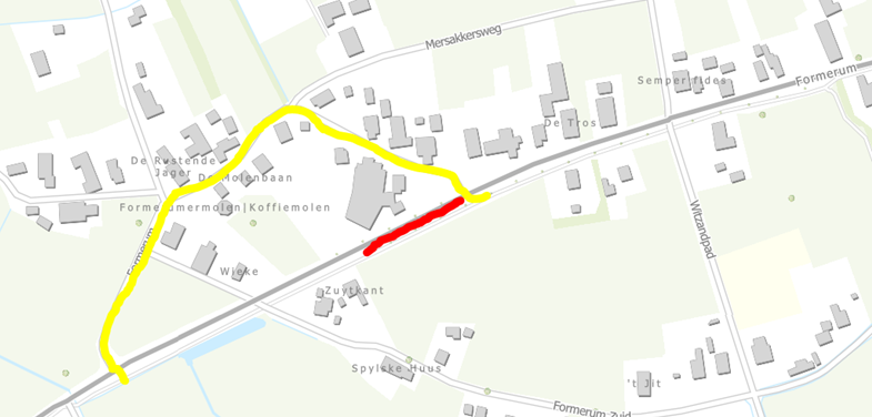 Een kaart met in rood de afsluiting van het fietspad aangegeven en in geel de omleiding