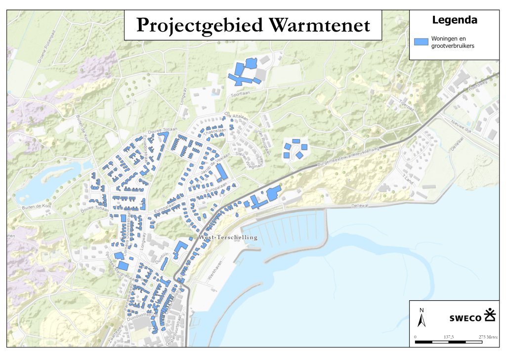 Een kaartje van West-Terschelling met daarop het projectgebied voor het onderzoek naar de mogelijkheden van een warmtenet door aquathermie blauwe gekleurd.