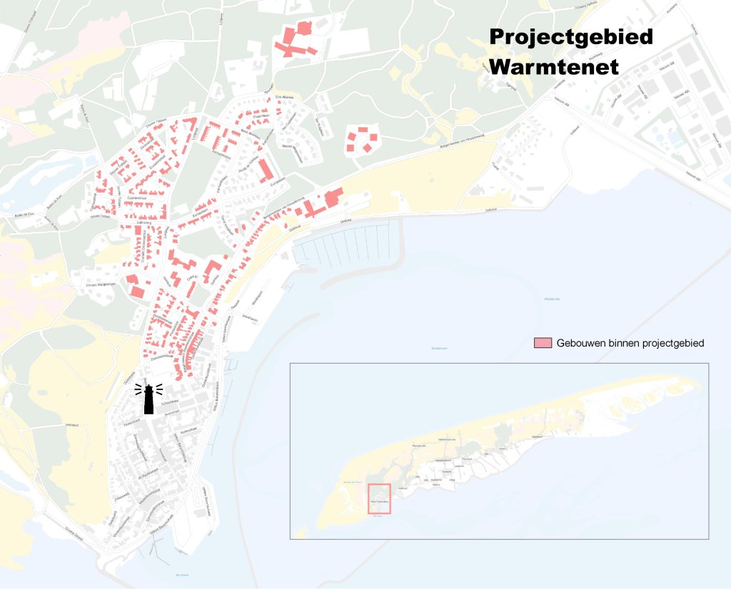 Landkaartje met een markering van de gebiedsscope voor het warmtenet onderzoek op West-Terschelling