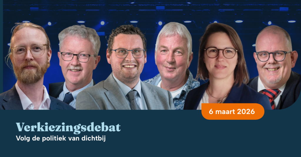 Collage van foto's van de partijleiders die namens de verkiesbare partijen op Terschelling deelnemen aan het debat.