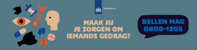 Verschillende iconen met de tekst "maak jij je zorgen om iemands gedrag? Bellen mag 0800-1205"