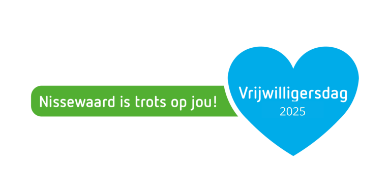 Blauw hart met Vrijwilligersdag 2025. Groene tagline met Nissewaard is trots op jou.