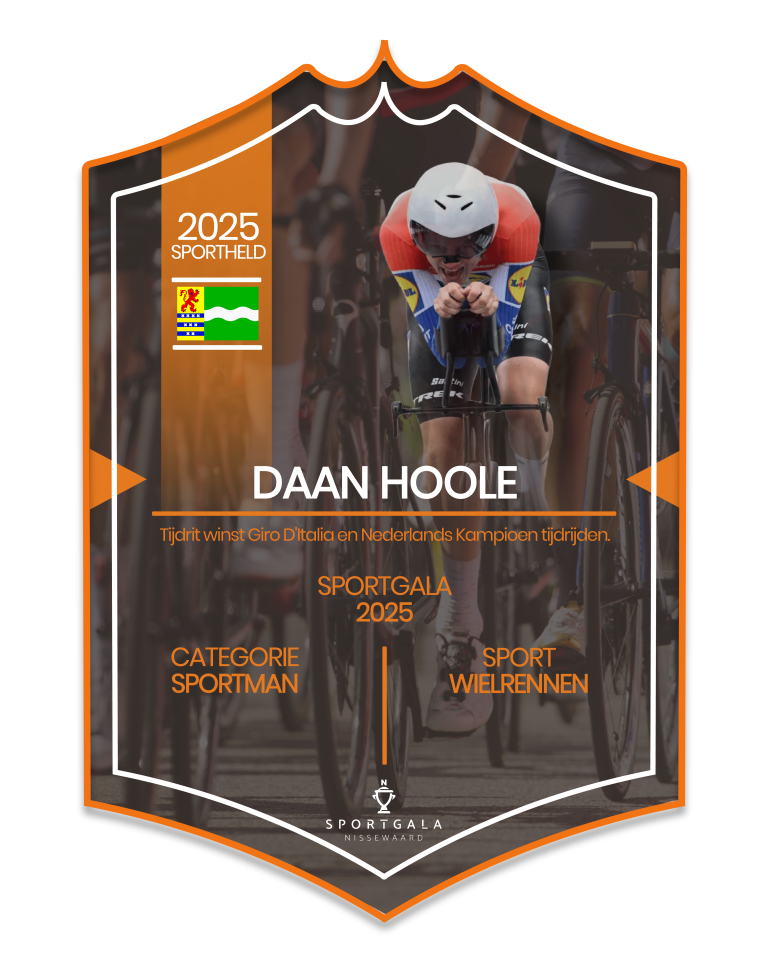 Sportkaart van Daan Hoole. Hij is genomineerd voor zijn prestatie(s) in het wielrennen.