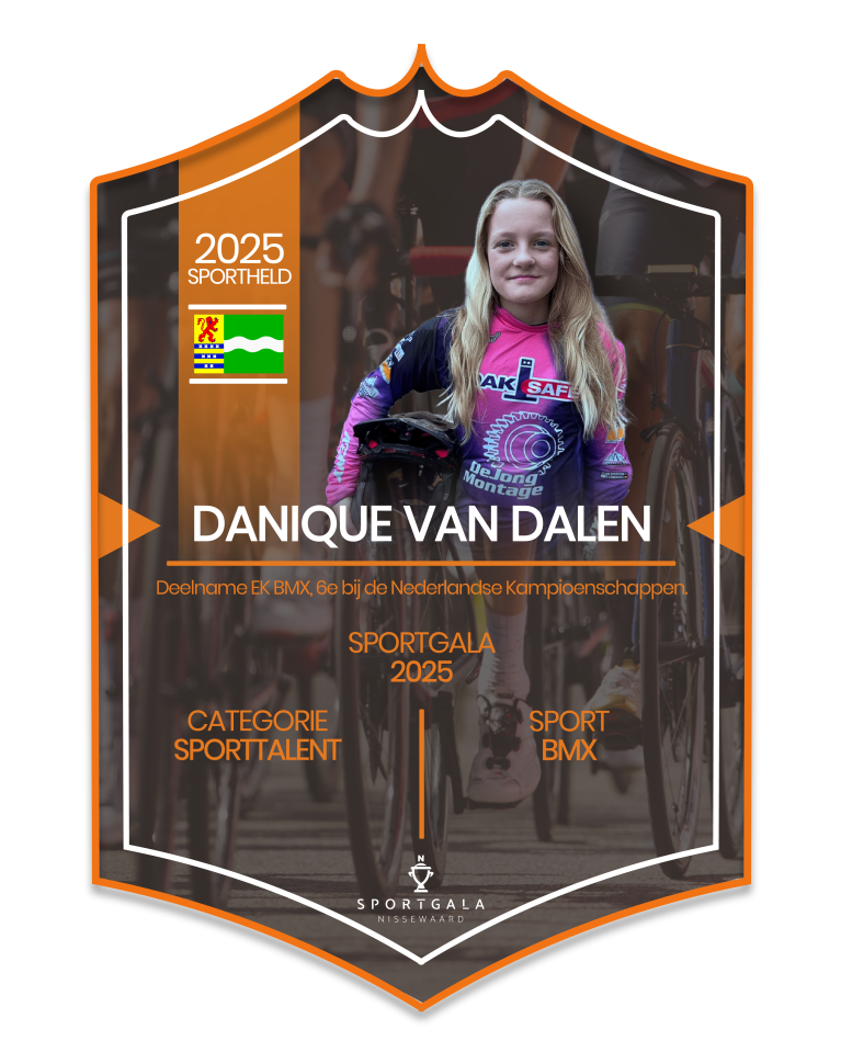 Sportkaart van Danique van Dalen. Zij is genomineerd vanwege haar prestatie(s) in de BMXsport.