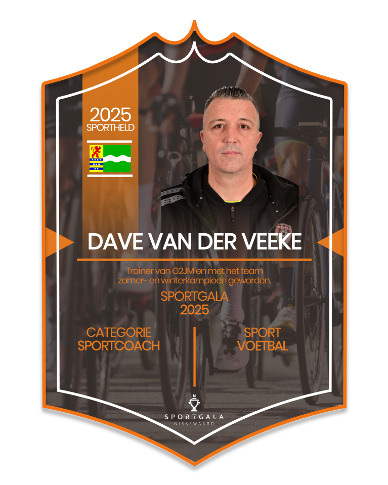 Sportkaart van Dave van der Veeke. Hij is genomineerd voor zijn rol als voetbaltrainer.