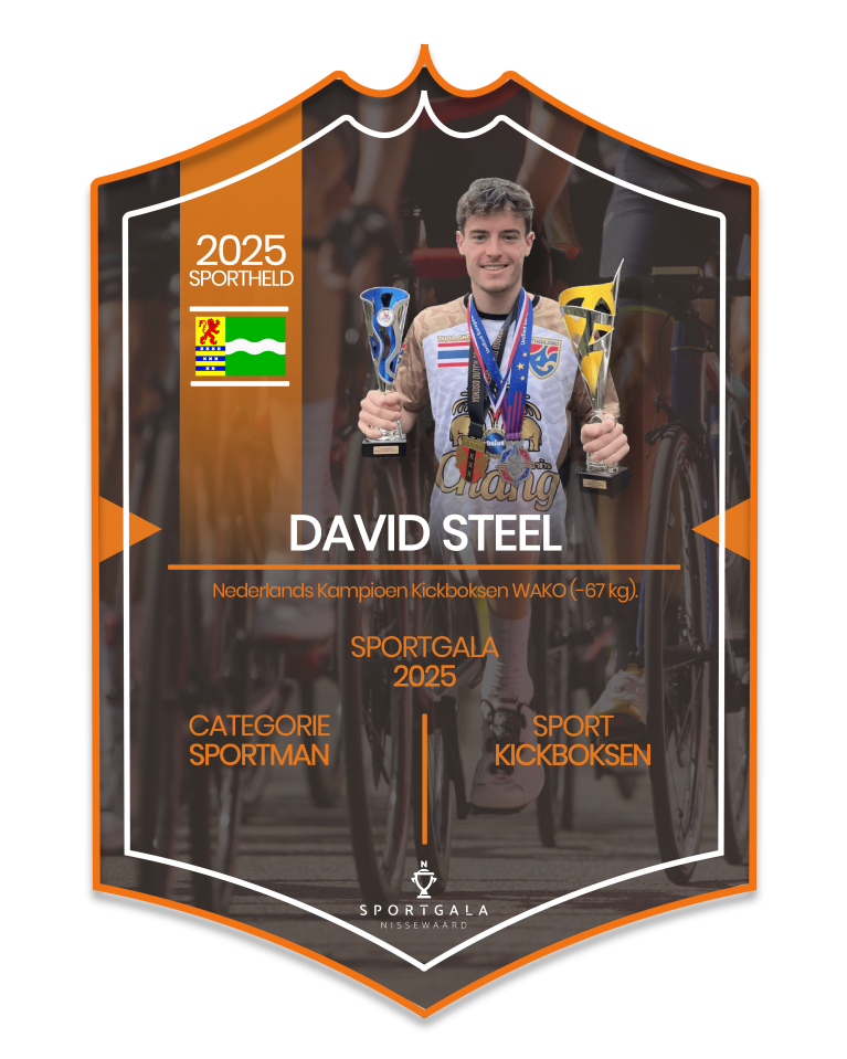Sportkaart van David Steel. Hij genomineerd in deze categorie vanwege zijn kickboksprestaties in 2025.