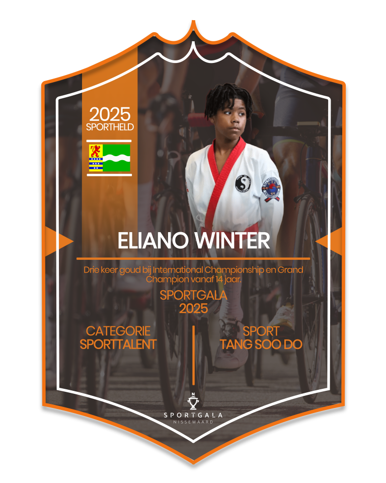 Sportkaart van Eliano Winter. Hij is genomineerd vanwege zijn prestatie(s) in Tang Soo Do.