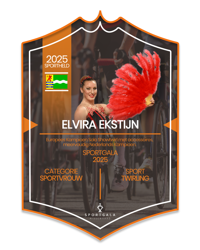 sportkaart van Elvira Ekstijn. Ze is genomineerd voor haar prestatie(s) in het showtwirlen.