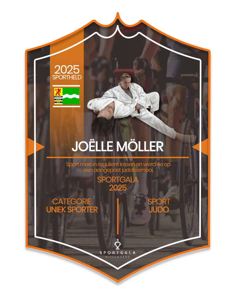 Sportkaart van Joelle Möller. Zij is genomineerd voor haar prestatie(s) in judo.