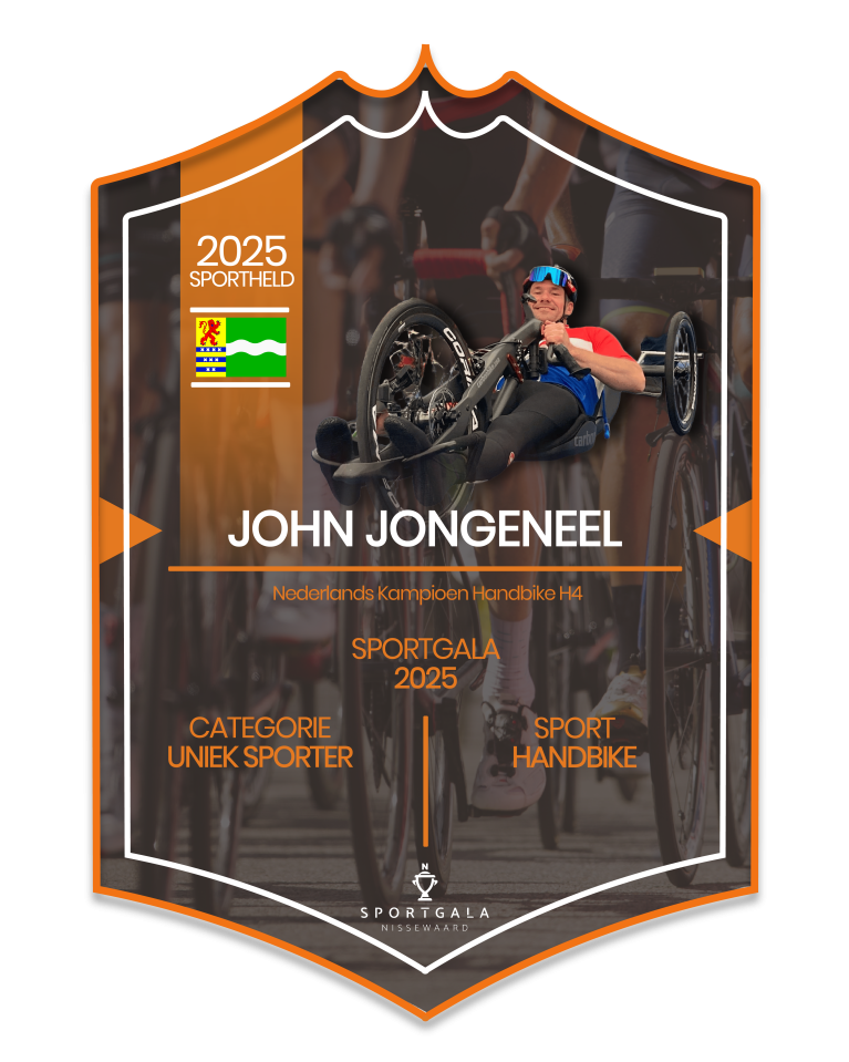 Sportkaart van John Jongeneel. Hij is genomineerd voor zijn prestatie in handbike.