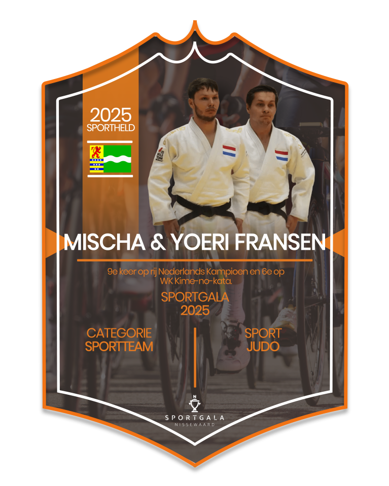 Sportkaart van Mischa en Yoeri Fransen. Zij zijn genomineerd voor hun prestatie(s) in judo op het onderdeel kata.