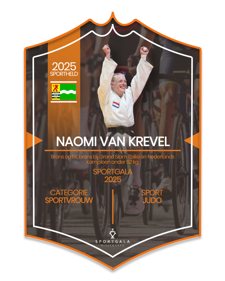 Sportkaart van Naomi van Krevel. Zij is genomineerd vanwege haar prestatie(s) in de judo.