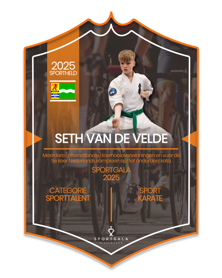 Sportkaart van Seth van de Velde. Hij is genomineerd vanwege zijn prestatie(s) in karate op het onderdeel kata.