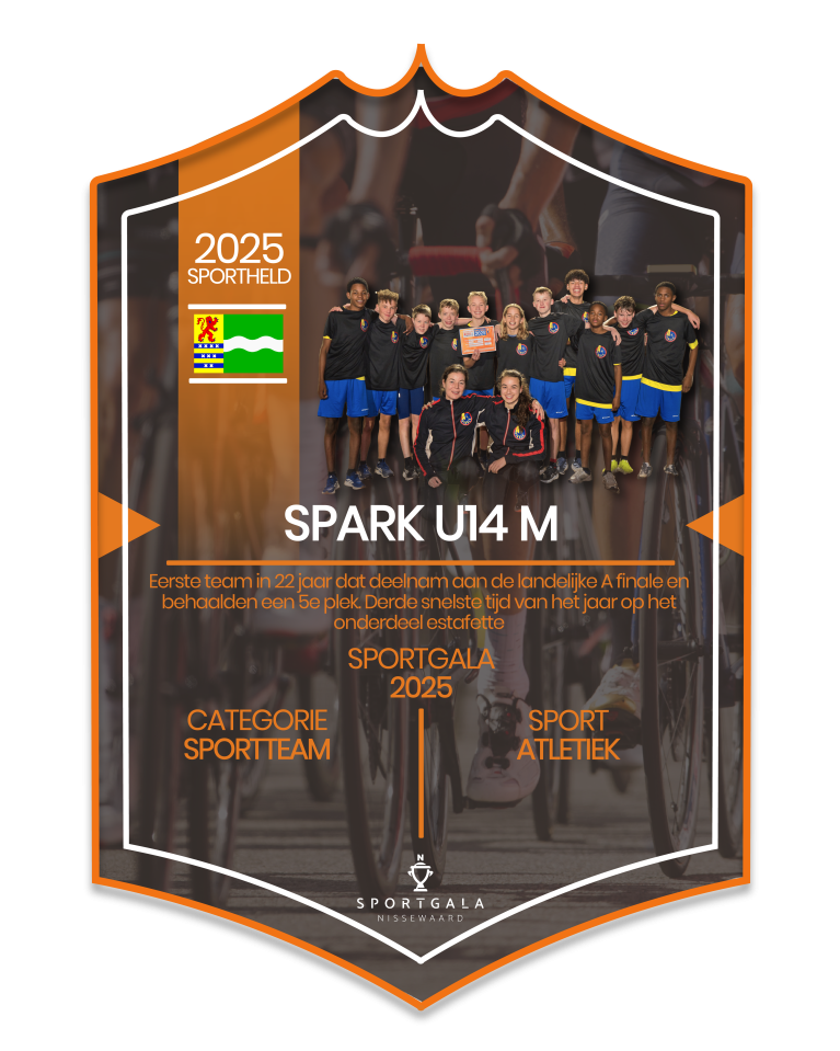 Sportkaart van AV Spark J-U14. Dit team is genomineerd voor hun prestatie(s) in atletiek.