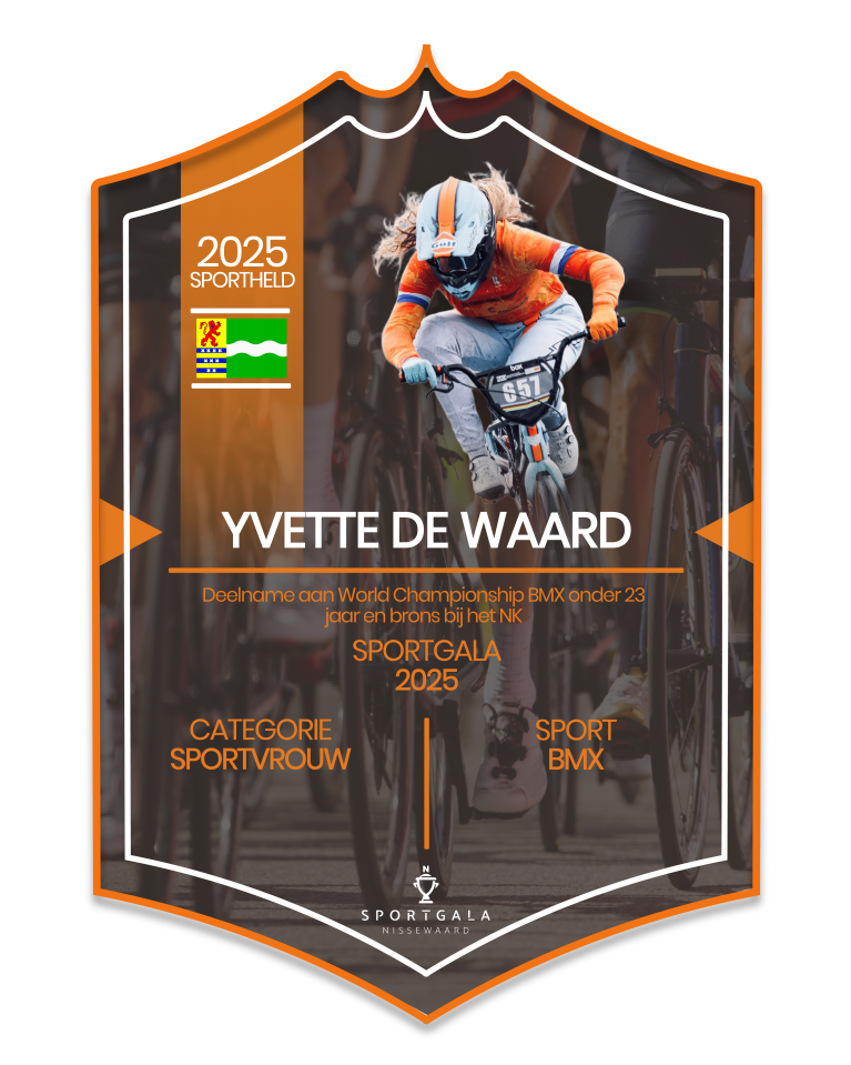 Sportkaart van Yvette de Waard. Zij is genomineerd vanwege haar prestatie(s) in de BMXsport.