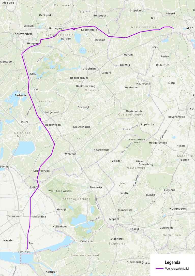 Map showing the preferred route from Vierverlaten to Ens for TenneT’s high-voltage power line. This line runs from Vierverlaten past Kootstertille, Hurdegaryp, Hempens, Grou, Heerenveen, Scherpenzeel, and Kuinre to Ens.
