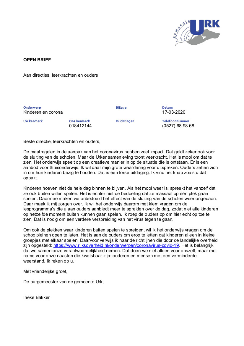 Open brief burgemeester Ineke Bakker aan scholen en ouders