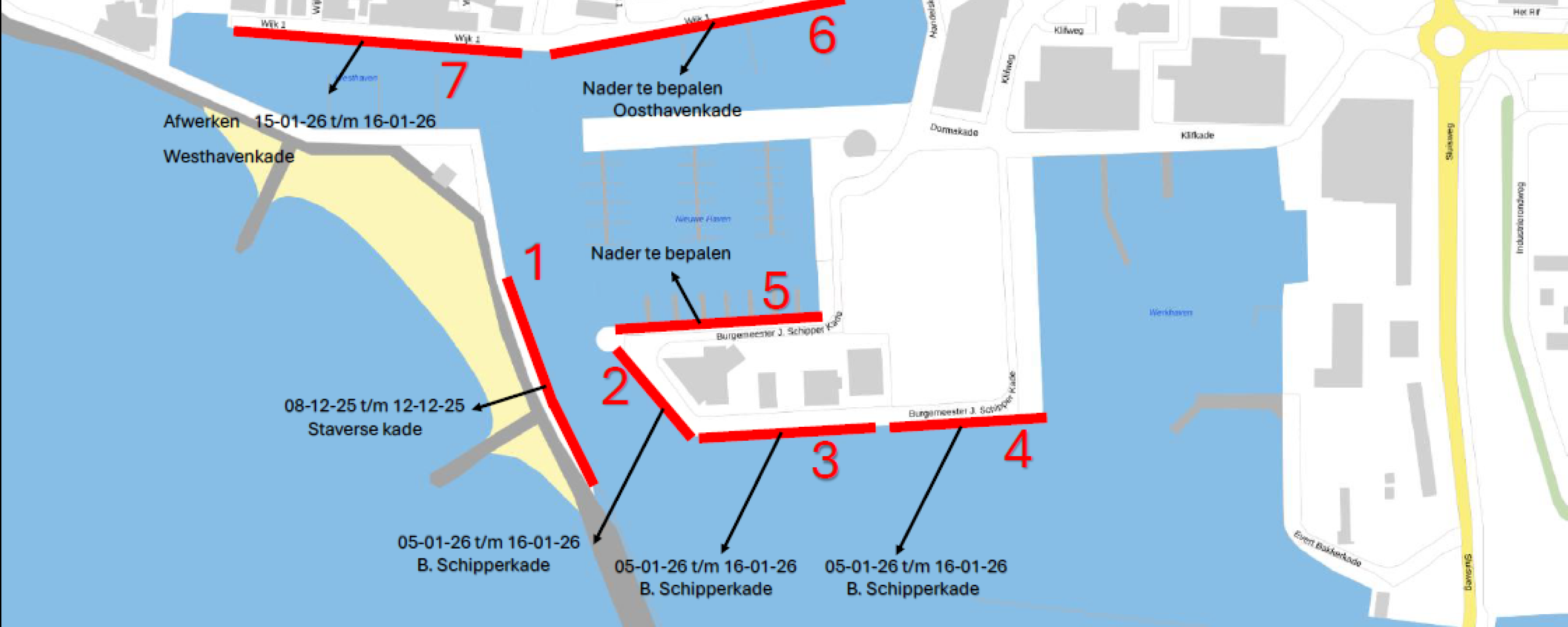 Planning noodmaatregelen haven, beschreven in uitklaptekst onderaan de pagina