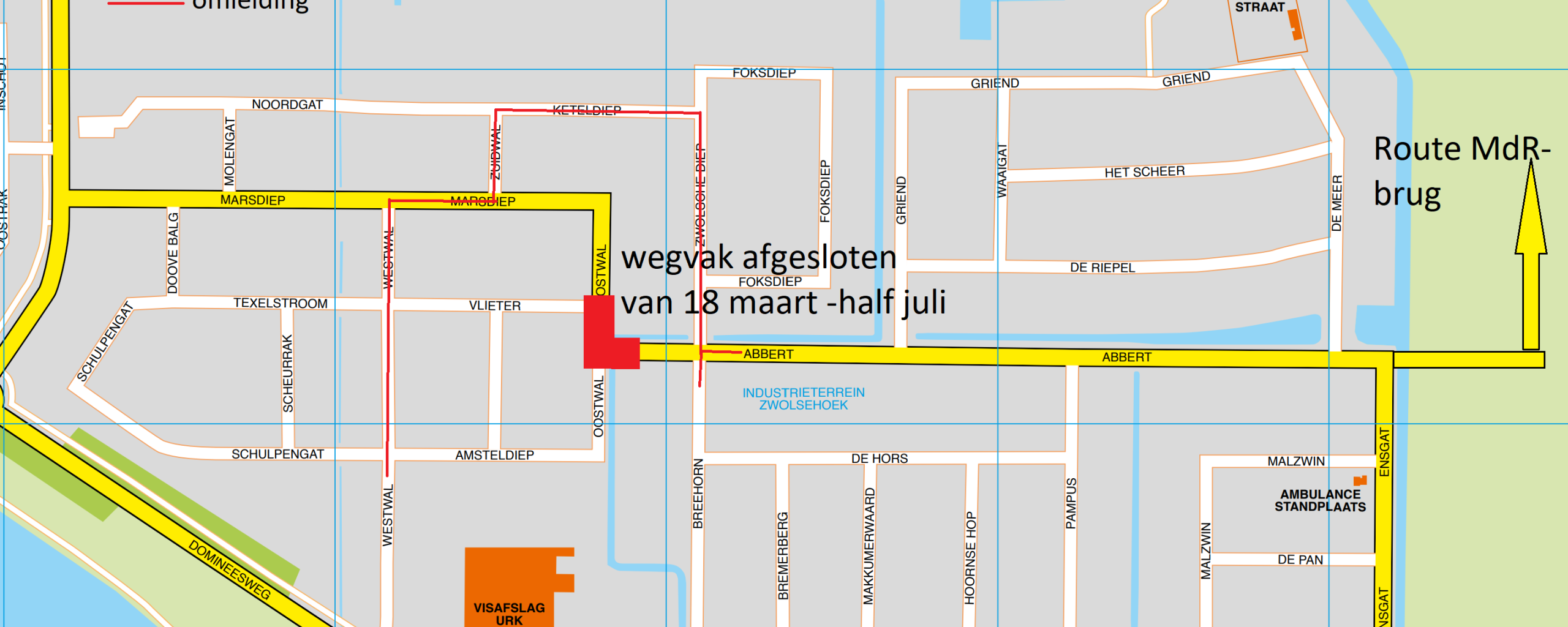 de kruising Oostwal, Abbert en Vlieter is afgesloten van 18 maart tot en met half juli 2024