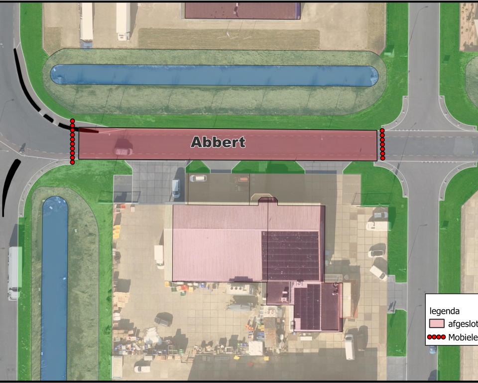 Plattegrond met de straat Abbert te Urk waar een afsluiting te zien is in verband met werkzaamheden aan het riool