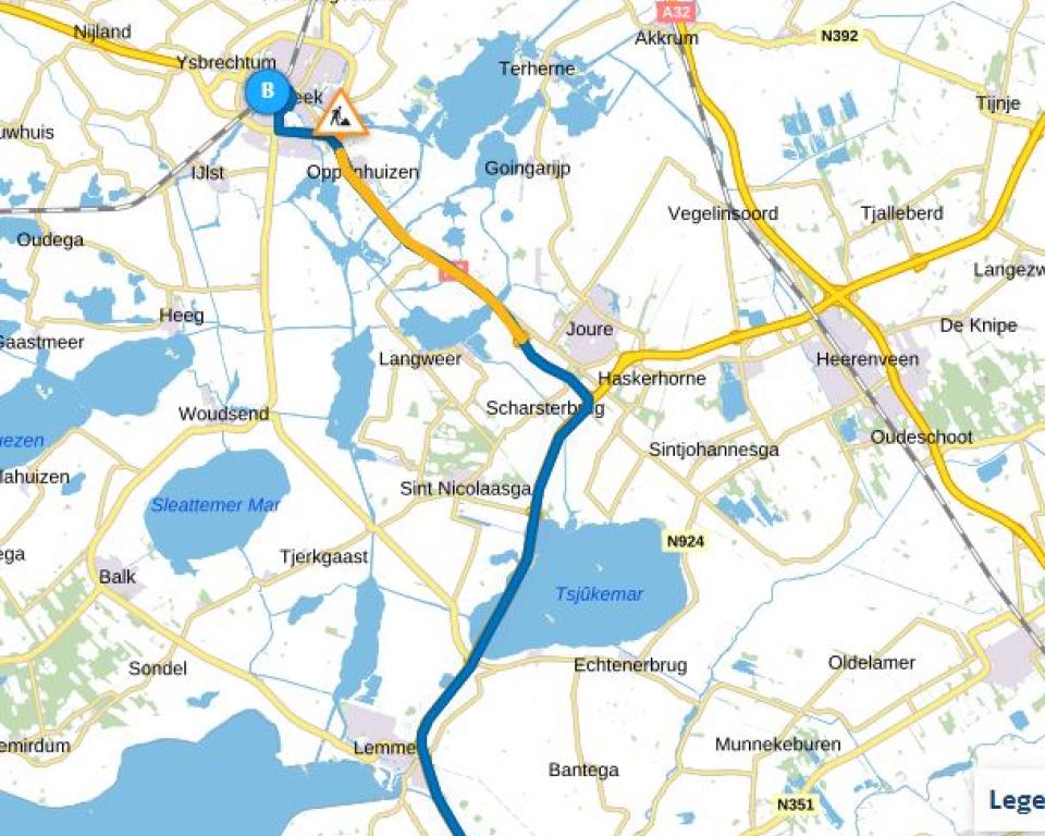 Plattegrond van de snelweg A7 Joure richting Sneek