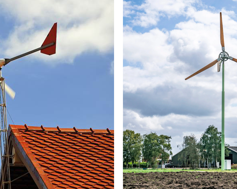 Linkerfoto bevat een rood dak met een kleine windmolen en de rechterfoto vertoont een windmolen op een stuk land