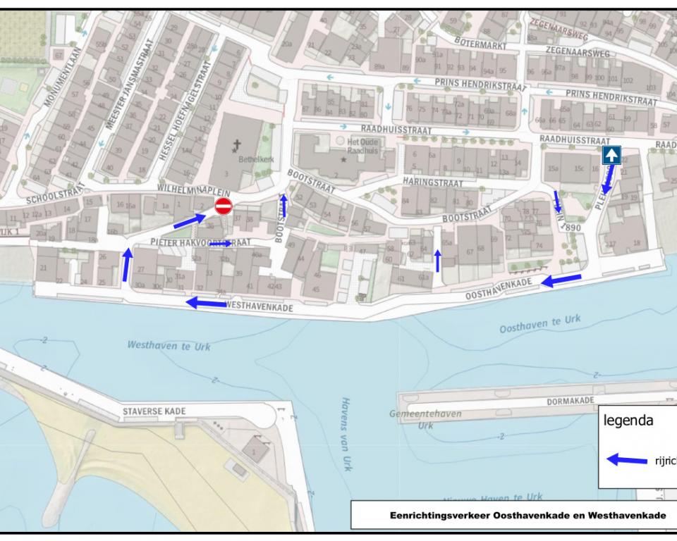 Plattegrond van een gebied in oud Urk met eenrichtingsverkeer