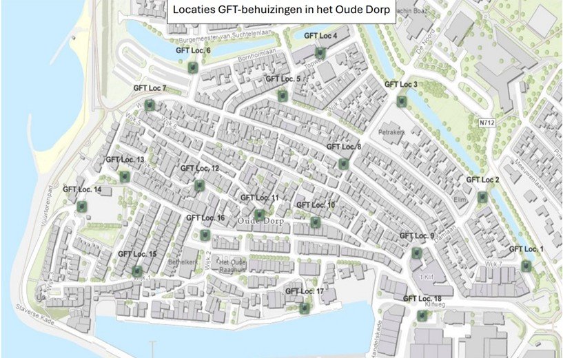 Afbeelding 2: Overzicht van de voorgenomen locaties voor gft. Op 7 van de 18 locaties staan straks ook ondergrondse containers voor restafval en oud papier en karton, zie afbeelding 1 voor die locaties.